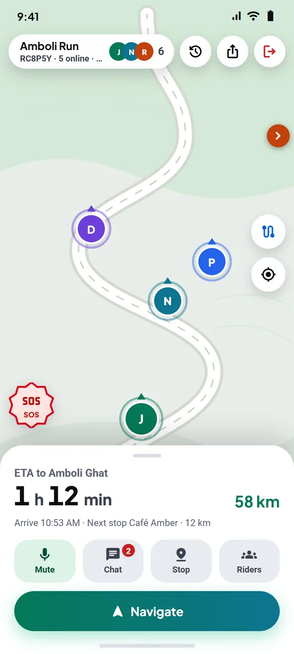 RideConnect’s live ride map: Jai, Nandan, Ram, Diksha and other riders on the road, the time to Amboli Ghat, and the Mute, Chat, Stop, Riders and Navigate buttons.