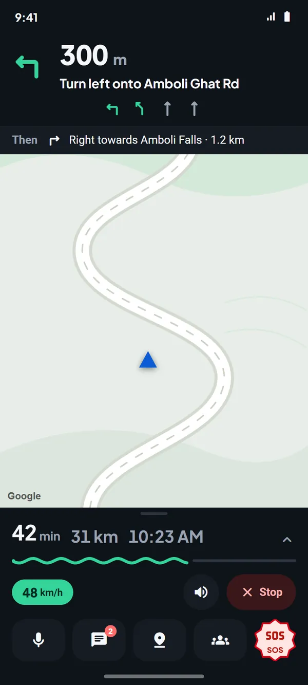 RideConnect’s navigation: in 300 metres turn left onto Amboli Ghat Road, then right towards Amboli Falls.
