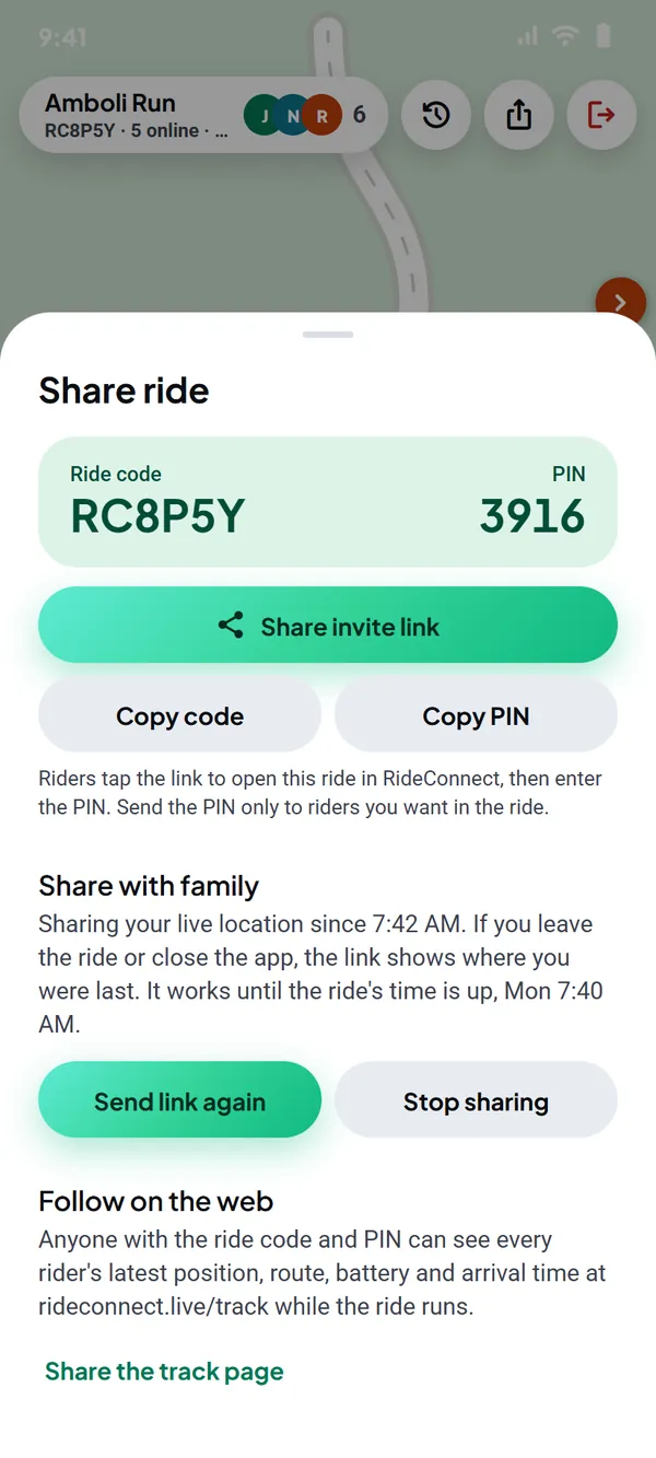 The Share ride sheet: Ride code RC8P5Y and PIN 3916, share invite link, live location shared with family and Follow on the web for the Track a rider page.