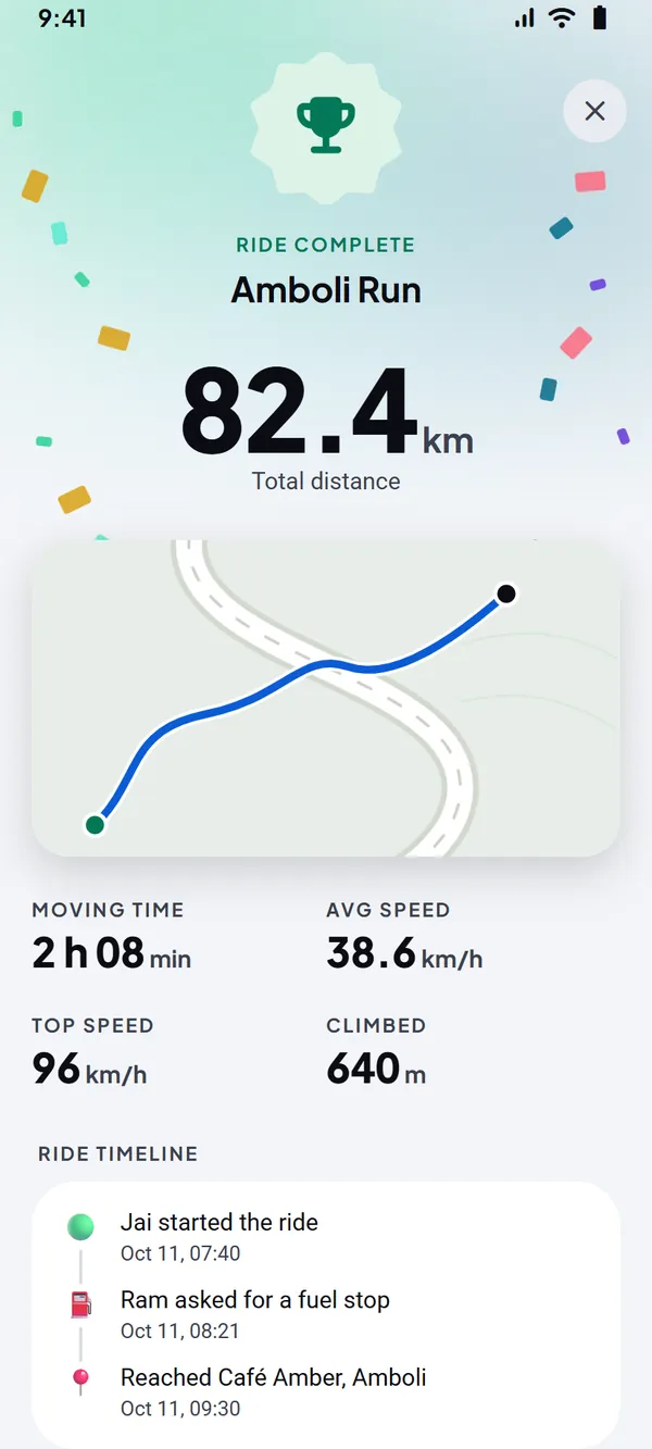 A RideConnect ride summary with 82.4 kilometres, the route, moving time, speeds, climb and timeline.